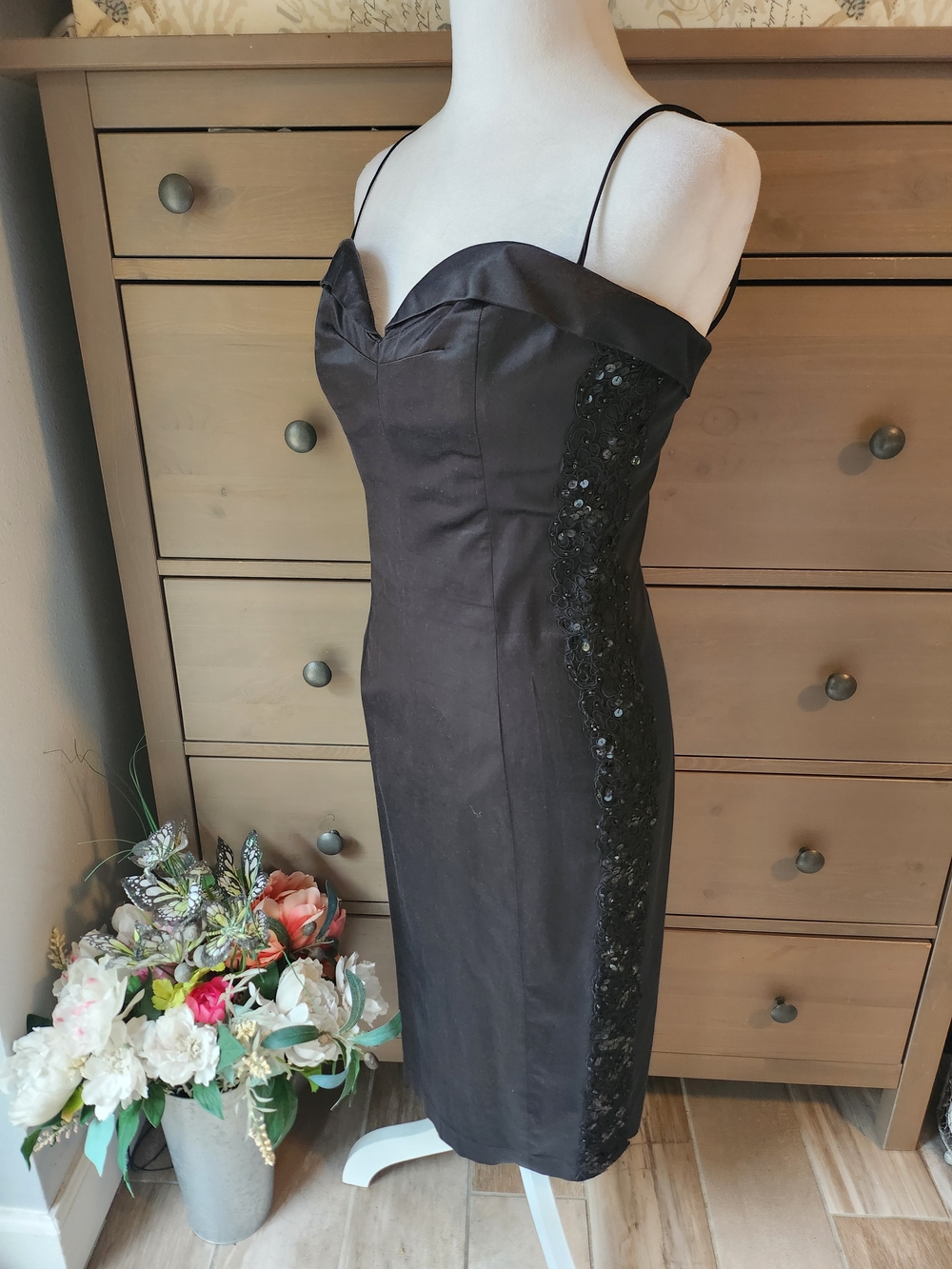 Black Sequin-Trim Spaghetti Strap Sheath Dress